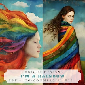 Je suis un arc-en-ciel, pages de journal indésirables uniques, portraits colorés surréalistes, fournitures de collage uniques, documents éphémères imprimables