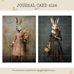 May include: Two digital illustrations of rabbits dressed in vintage clothing. The rabbit on the left is brown and wearing a pink dress with a bouquet of flowers. The rabbit on the right is white and wearing a dark blue dress with a bouquet of roses. The text "JOURNAL CARD size 5x7" is at the top of the image.