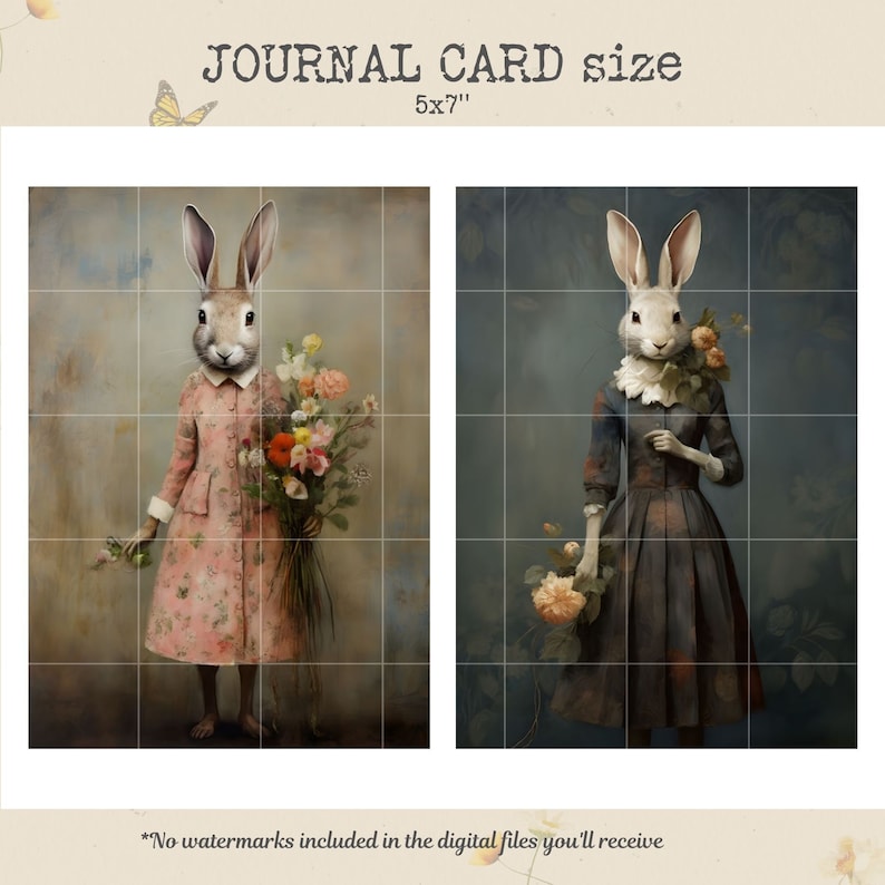 May include: Two digital illustrations of rabbits dressed in vintage clothing. The rabbit on the left is brown and wearing a pink dress with a bouquet of flowers. The rabbit on the right is white and wearing a dark blue dress with a bouquet of roses. The text "JOURNAL CARD size 5x7" is at the top of the image.