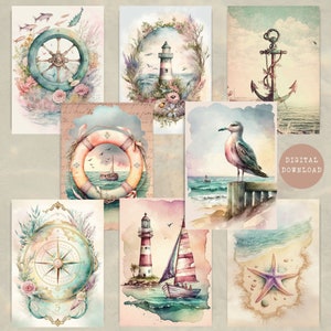 Éphémères nautiques | Cartes de journalisation maritimes | Scrapbooking éphémères imprimables | Feuille de collage bord de mer | Cartes ATC | Téléchargement numérique
