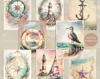Nautical Ephemera | Maritime Journaling Cards | Scrapbooking Printable Ephemera | Seaside Collage Sheet | ATC Cards | Digital Download