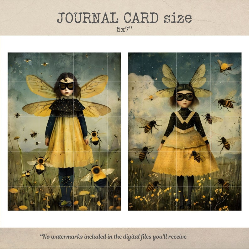 Puede incluir: Dos ilustraciones digitales de chicas vestidas como abejas con alas y gafas. Las chicas est&aacute;n de pie en un campo de flores con abejas volando a su alrededor. Las ilustraciones son de estilo vintage con un fondo descolorido.