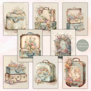 Maletas vintage Tarjetas ATC / Hoja de collage de equipaje en mal estado / Efímera imprimible de viaje / Suministros de scrapbooking de diario basura / Digital