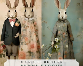 Bunny blooms, spring junk journal papers, digital collage sheet, printable ephemera for scrapbooking, bunnies in spring floral clothes