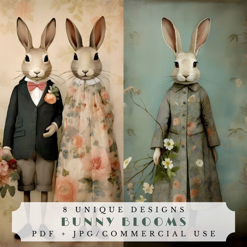 May include: Two bunnies dressed in vintage clothing. The bunny on the left is wearing a black suit with a bow tie and holding a bouquet of flowers. The bunny on the right is wearing a floral dress. The text on the image reads "8 Unique Designs Bunny Blooms PDF + JPG/Commercial Use".