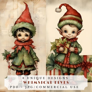 Santa's schattige elfen junk journal-pagina's, afdrukbare papieren voor scrapbooking en kaarten maken, digitale collage-ephemera, santa's helpers xmas