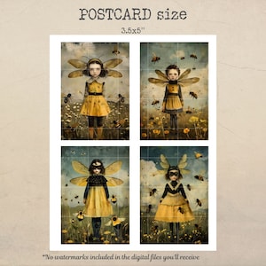 Puede incluir: Cuatro impresiones de arte digital de una ni&ntilde;a con alas de abeja de pie en un campo de flores amarillas. La ni&ntilde;a lleva un vestido amarillo y tiene una corona de abejas en la cabeza. Las impresiones miden 3,5 x 5 pulgadas.