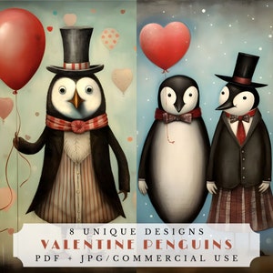 Pingüinos de San Valentín, lindos papeles de diario basura, efímeras imprimibles para scrapbooking, suministros de collage, imprimibles del día de San Valentín, corazones de amor