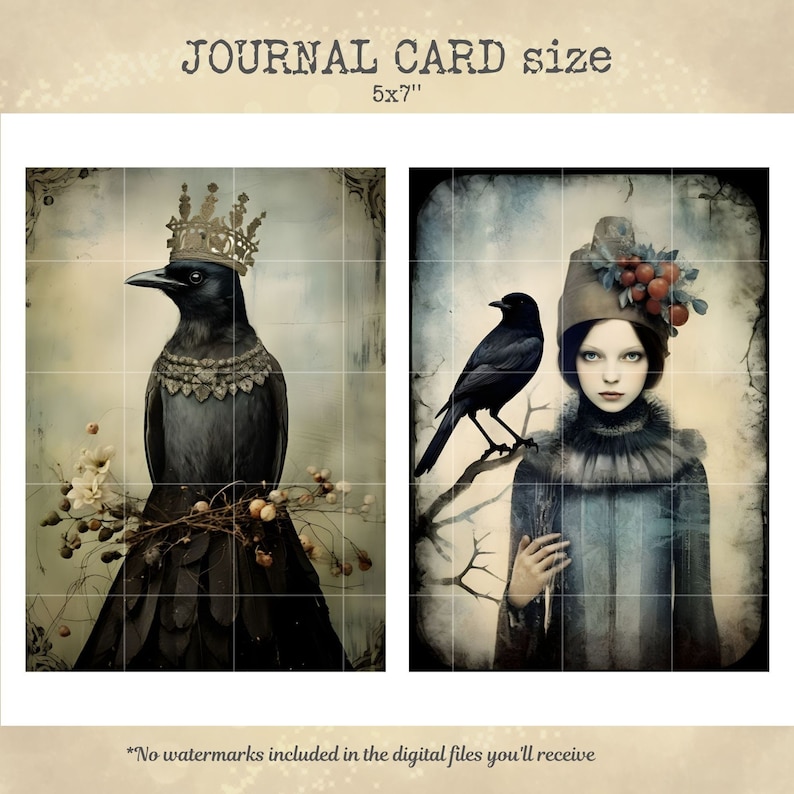 Crow's whispers junk journal cards, raven digital papers, card making, crafting, crow printable ephemera, digital download image 2