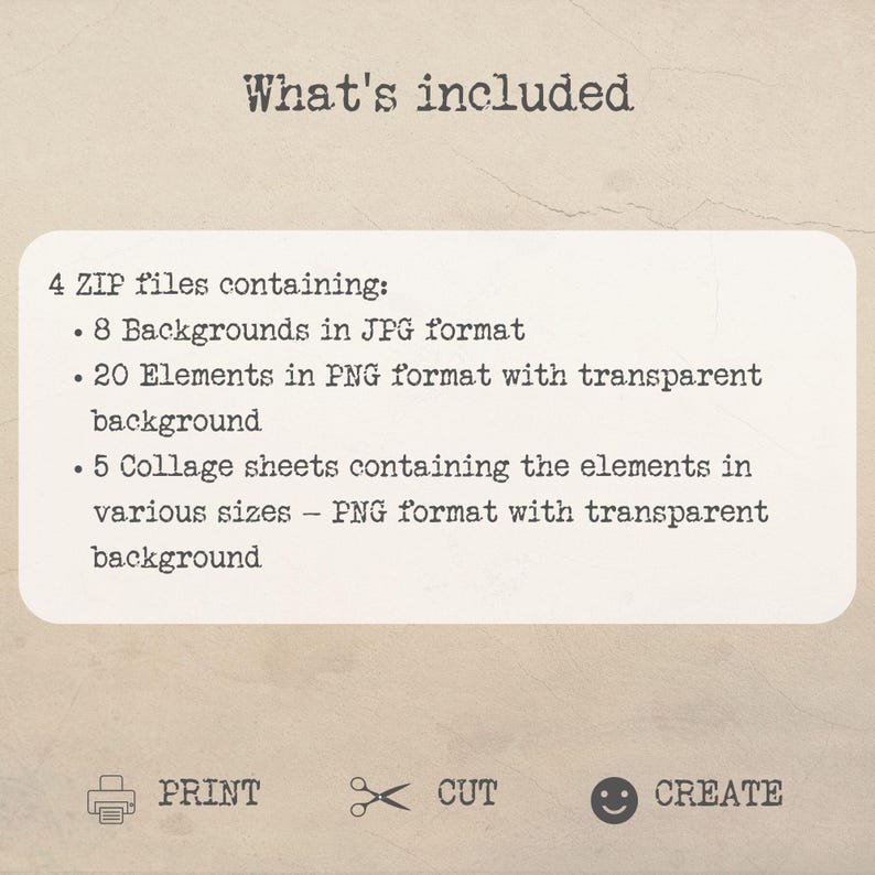 May include: Text that reads "What's included" followed by a list of digital design elements included in a download: 4 ZIP files containing 8 backgrounds in JPG format, 20 elements in PNG format with transparent background, and 5 collage sheets containing the elements in various sizes - PNG format with transparent background. Below the text are three icons: a printer, scissors, and a smiley face. The icons are labeled "PRINT", "CUT", and "CREATE".