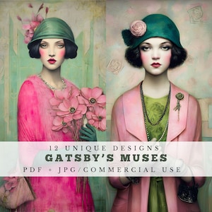 Gatsby&#39;s muses, Art Deco junk journal pages, whimsical scrapbook ephemera, card making, crafting, flapper girl portraits, retro digital art