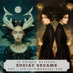Rêves du zodiaque, kit de journal indésirable surréaliste, éphémères de scrapbooking astrologie, feuille de collage numérique céleste, cartes atc signes horoscope