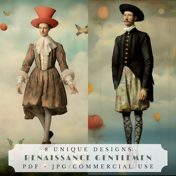 Renaissance gentlemen, unique Renaissance characters, junk journal pages, vintage outfits collage sheet, printable scrabook supplies