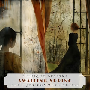May include: A digital art print featuring two women standing by a window. The woman on the left is looking out the window, while the woman on the right is looking away. The window is open and there are trees and branches outside. The print has a vintage, faded look and the text "8 UNIQUE DESIGNS AWAITING SPRING PDF + JPG/COMMERCIAL USE" is at the bottom.