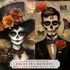 Cartes de journalisation Dia de los muertos, papiers numériques du jour des morts, feuille de collage de crânes de sucre la catrina, éphémères imprimables
