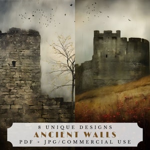 May include: A digital illustration of 8 unique designs of ancient stone walls. The image features two different wall designs, one with a tower and the other with a castle. The walls are made of rough, gray stone and are set against a misty, gray background. The image is titled "8 Unique Designs Ancient Walls PDF + JPG/Commercial Use".