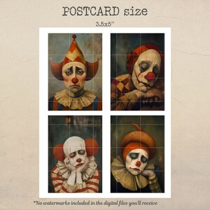May include: Four digital printable images of sad clowns in various poses. Each image is 3.5x5 inches and features a clown with a red nose, red and white striped clothing, and a large, sad expression.