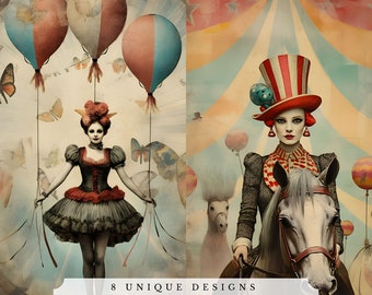 May include: Two vintage circus illustrations featuring a woman in a red and white striped dress and a red and white striped hat. The first illustration shows the woman holding onto balloons and the second illustration shows the woman riding a white horse.
