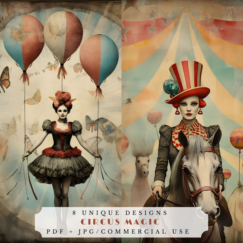 Puede incluir: Dos ilustraciones de circo vintage con una mujer con un vestido a rayas rojas y blancas y un sombrero a rayas rojas y blancas. La primera ilustraci&oacute;n muestra a la mujer sujetando globos y la segunda ilustraci&oacute;n muestra a la mujer montando un caballo blanco.