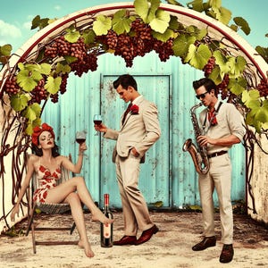 May include: A woman in a red and white swimsuit sits on a chair, holding a glass of red wine. A man in a white suit stands next to her, holding a glass of red wine. A man in a white shirt and brown pants plays a saxophone. A bottle of wine is on the ground. The background is a grapevine archway.