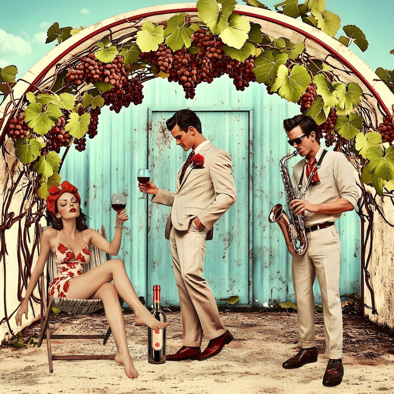 May include: A woman in a red and white swimsuit sits on a chair, holding a glass of red wine. A man in a white suit stands next to her, holding a glass of red wine. A man in a white shirt and brown pants plays a saxophone. A bottle of wine is on the ground. The background is a grapevine archway.