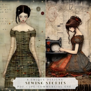 Puede incluir: Dos ilustraciones de mujeres con vestidos vintage. Una está de pie, adornada con botones e hilo, la otra está sentada en una máquina de coser. El fondo presenta patrones de costura y texto. El texto dice "8 UNIQUE DESIGNS SEWING STORIES PDF + JPG/COMMERCIAL USE."