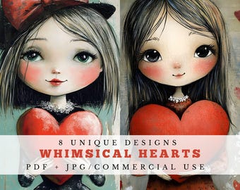 May include: Two whimsical illustrations of girls with large eyes and rosy cheeks holding red heart-shaped objects. The text "8 UNIQUE DESIGNS WHIMSICAL HEARTS PDF + JPG/COMMERCIAL USE" is displayed below the images.