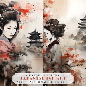 Japanese ink journal art, japanese junk journal scrapbook paper, vintage japanese art printables, geisha, temple, collage sheet, instant