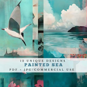 Mer peinte, pages de journal de rebut d'été, fournitures imprimables de scrapbooking et de collage, éphémères numériques, été pastel, éphémères numériques