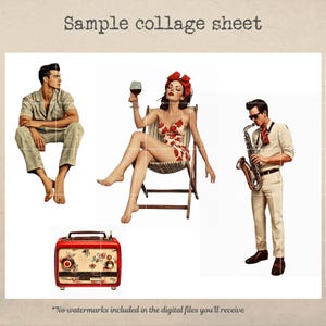 May include: A collage sheet with four images: a man in pajamas sitting, a woman in a red dress sitting in a chair, a man playing a saxophone, and a vintage radio.