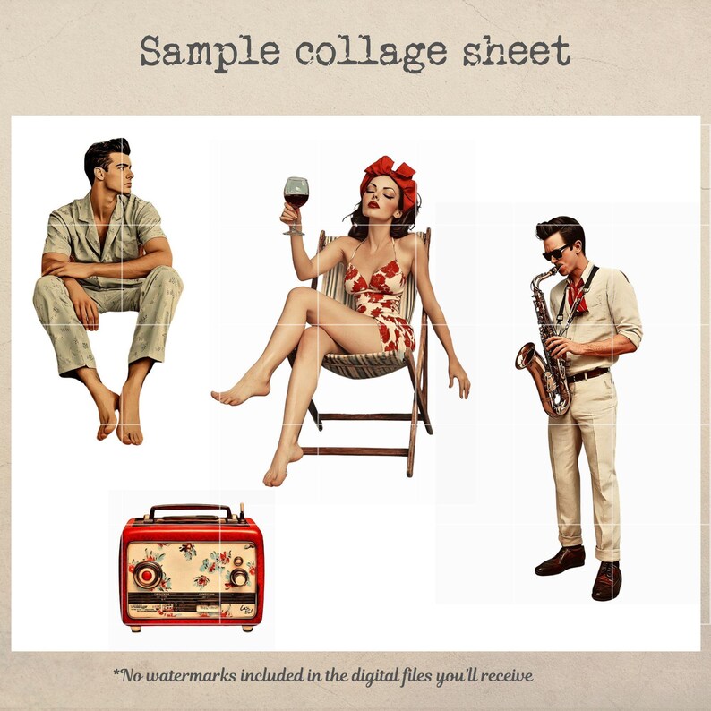 May include: A collage sheet with four images: a man in pajamas sitting, a woman in a red dress sitting in a chair, a man playing a saxophone, and a vintage radio.