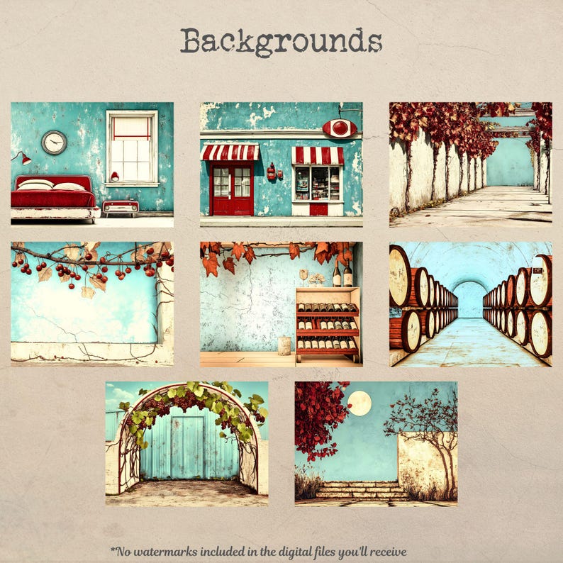 May include: A set of 9 digital backgrounds featuring vintage-inspired scenes. The backgrounds include a blue room with a red bed, a red and white striped awning over a shop, a pathway lined with trees, a wall with a wine rack, a barrel-lined cellar, a vine-covered archway, and a stone staircase with trees.