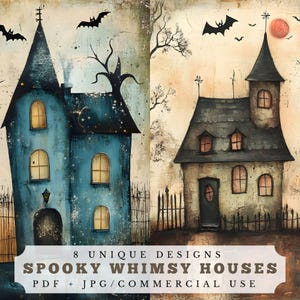 Spooky whimsy houses, Halloween junk journal pages, digital collage supplies, decorative paper, printable scrapbook background papers