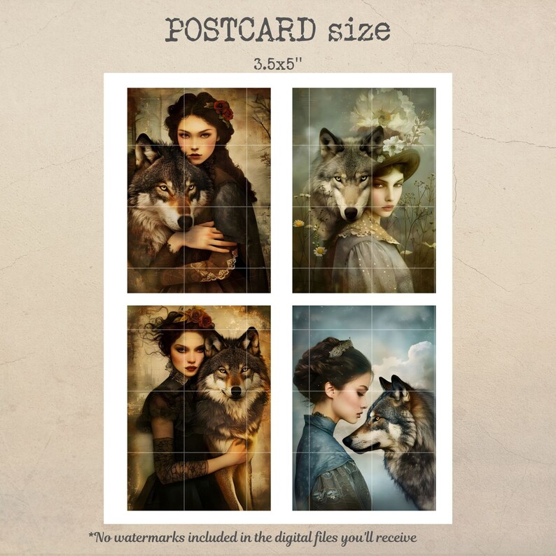 May include: Four digital art prints featuring a woman and a wolf. The prints are in a collage format, with each print measuring 3.5x5 inches. The prints feature a woman with dark hair and a wolf with gray fur. The woman is wearing a long dress and the wolf is standing next to her. The prints are set against a background of trees and flowers.