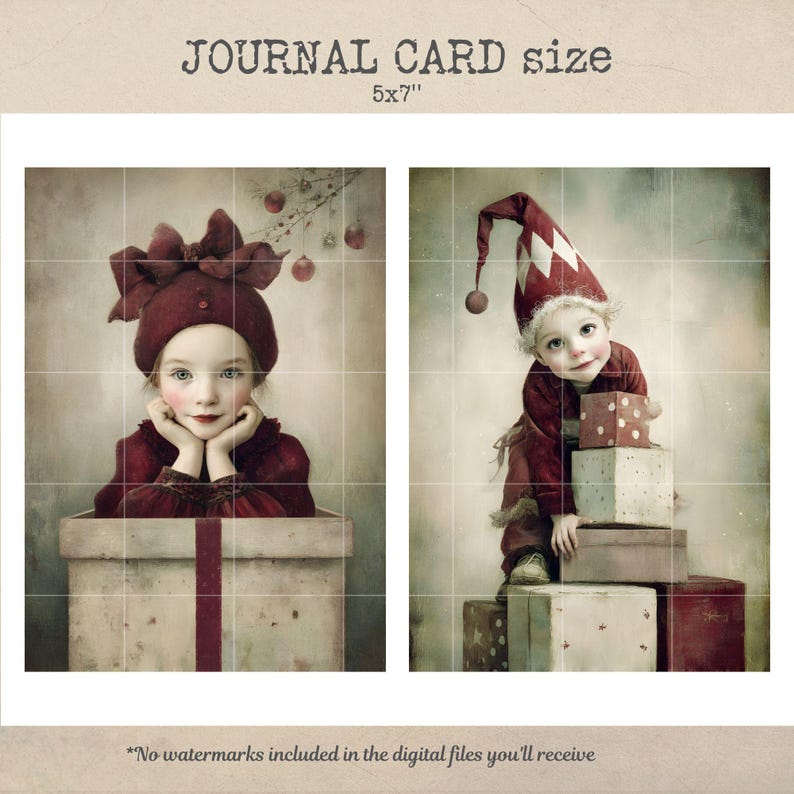 Pu&ograve; includere: Due stampe d'arte digitale. Una raffigura un bambino in abito e cappello bordeaux, che poggia il mento sulle mani dentro una scatola regalo. L'altra mostra un bambino con un cappello da elfo rosso e bianco, con regali. Testo: "JOURNAL CARD size 5x7" (12,7 x 17,8 cm).
