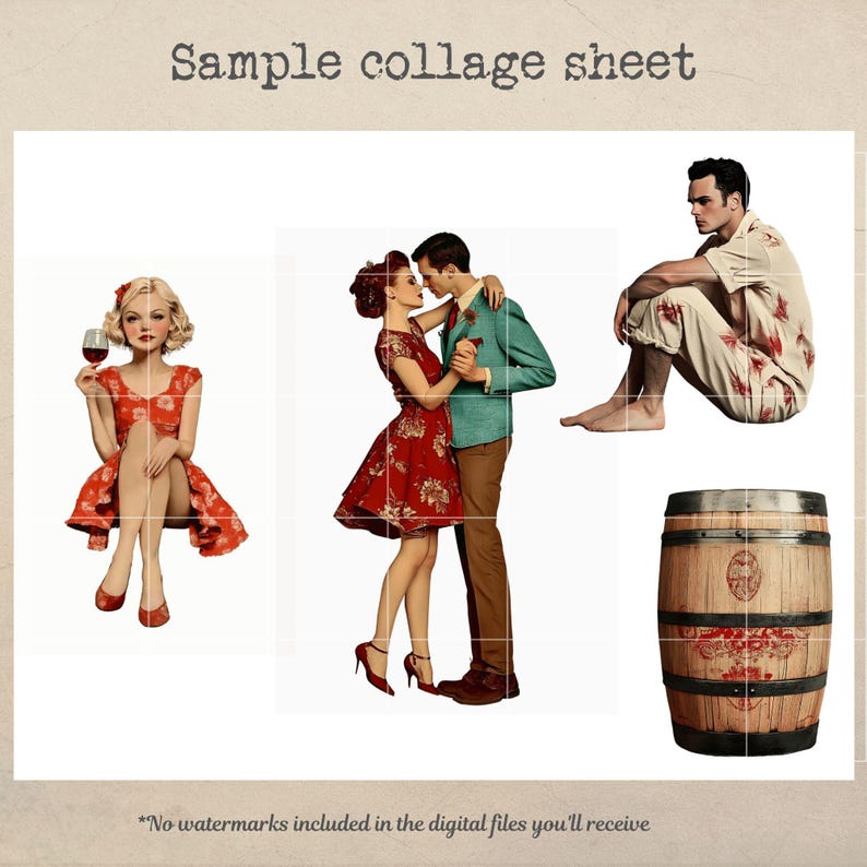 May include: A collage sheet with four images. The first image shows a woman in a red dress holding a glass of wine. The second image shows a couple dancing. The third image shows a man sitting on the floor. The fourth image shows a wooden barrel.