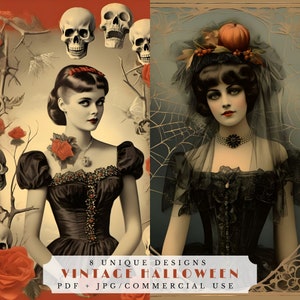 cartes postales d'Halloween vintage, cartes de journal d'Halloween fantasmagoriques, citrouilles, têtes de mort, objets éphémères de sorcellerie, Halloween rétro, fournitures de scrapbooking