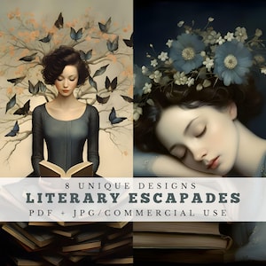 Cartões de diário de livros | Ephemera imprimível literária | Folha de colagem para amantes de livros | Suprimentos de scrapbook de diário de lixo de biblioteca | Download instantâneo
