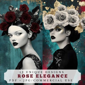 Elegância de rosas, páginas de diário de lixo floral, folhas de colagem digital, retratos de mulheres surreais, criação de cartões - materiais de artesanato, itens efêmeros de scrapbook