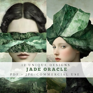 Oracle en jade, papiers numériques surréalistes, journal indésirable, scrapbooking, fabrication de cartes, collage artistique fantaisiste, art numérique