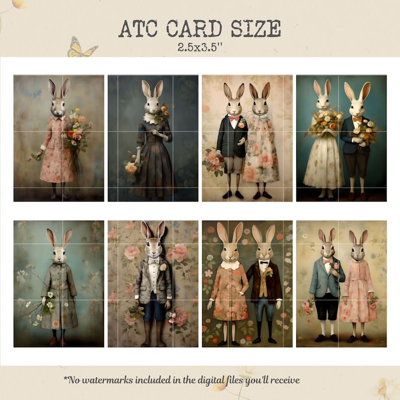 May include: Nine digital illustrations of bunnies in various poses, wearing clothing and holding flowers. The illustrations are in a vintage style and are perfect for creating cards, scrapbook pages, or other crafts. The text "ATC CARD SIZE 2.5x3.5" is at the top of the image. The text "*No watermarks included in the digital files you'll receive" is at the bottom of the image.