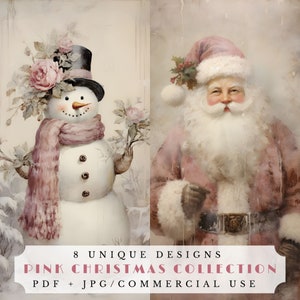 Colección navideña rosa, artículos de diario navideño, efímeras imprimibles de invierno, suministros de scrapbooking de diario basura, muñeco de nieve, santa, velas