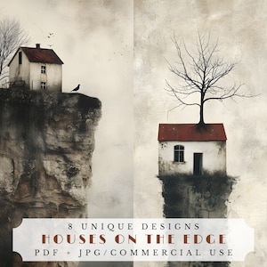 Könnte beinhalten: Zwei weiße Häuser mit roten Dächern, eines auf einer Klippe und eines mit einem Baum, der aus dem Dach wächst, vor einem hellbraunen Hintergrund. Der Text "8 UNIQUE DESIGNS HOUSES ON THE EDGE PDF + JPG/COMMERCIAL USE" befindet sich am unteren Rand des Bildes.