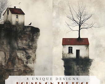 Houses on the edge, moody junk journal pages, printable scrapbook and collage supplies, digital ephemera, grunge cliffs