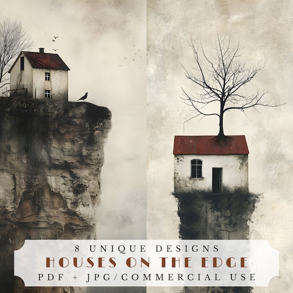 Houses on the edge, moody junk journal pages, printable scrapbook and collage supplies, digital ephemera, grunge cliffs