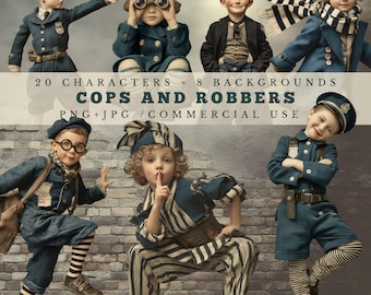 Cops and Robbers Junk Journal Clipart: Whimsical Graphics for Scrapbooks and Collages (Digital Download)