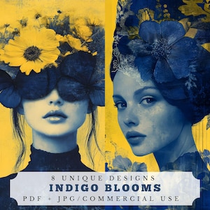 Flores índigo, páginas de diário de lixo floral, itens digitais para scrapbooking e criação de cartões, retratos surreais de ATC