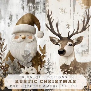 Rustic Christmas, festive junk journal papers in neutral color, printable scrapbook supplies, digital ephemera, mixed media collage supplies