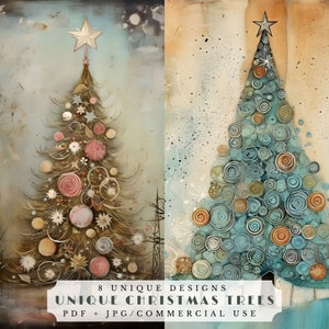 Unieke kerstboom-junk-dagboekkaarten, afdrukbare kerstvakantiepapieren voor scrapbooking, knutselen en kaarten maken, ephemera van december