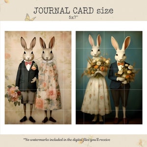 May include: Two bunnies dressed in wedding attire, the bride in a white floral dress and the groom in a blue suit, holding bouquets of flowers. The image is divided into two sections, with a light brown background on the left and a blue background on the right. The text "JOURNAL CARD size 5x7" is at the top of the image.